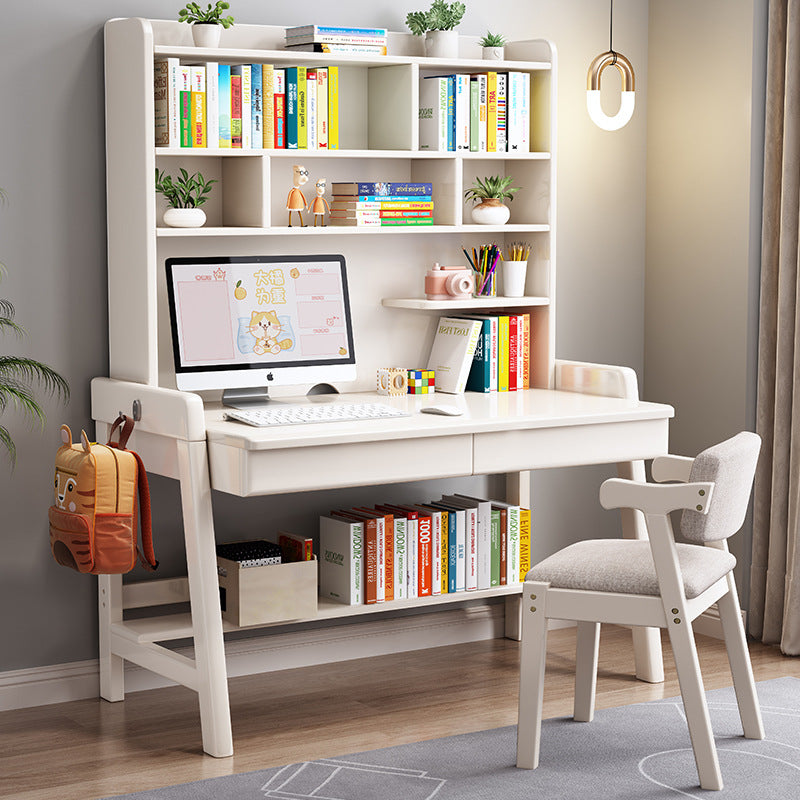 White Solid Wood Writing Desk with Shelf and Drawers - Rubberwood Home Office Desk - US Writing Desk