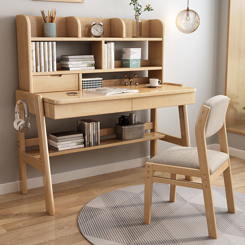 Natural Solid Wood Writing Desk with Bookcase and Drawers - US Writing Desk