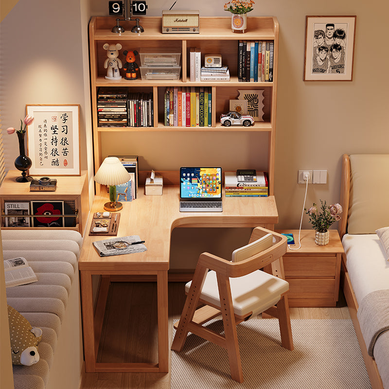 Grant — Corner Study Desk with Bookshelf, Solid Rubberwood (Natural/Walnut/White)
