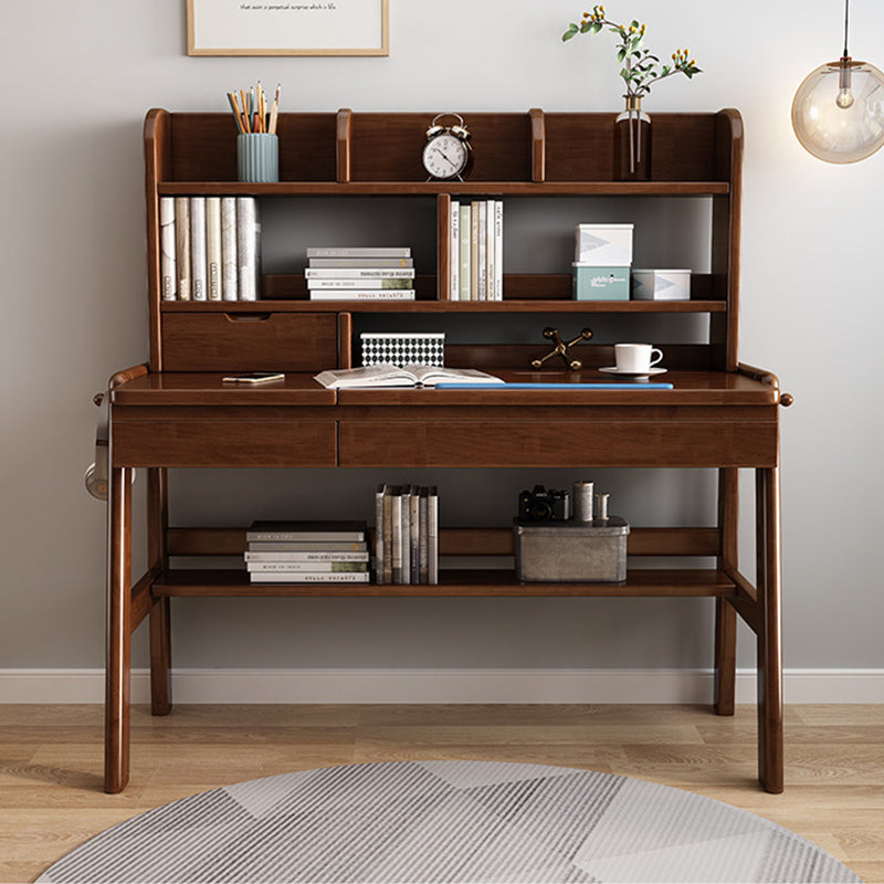 Walnut Adjustable Solid Wood Writing Desk with Shelf and Drawers – Natural Rubberwood Home Office Desk - US Writing Desk