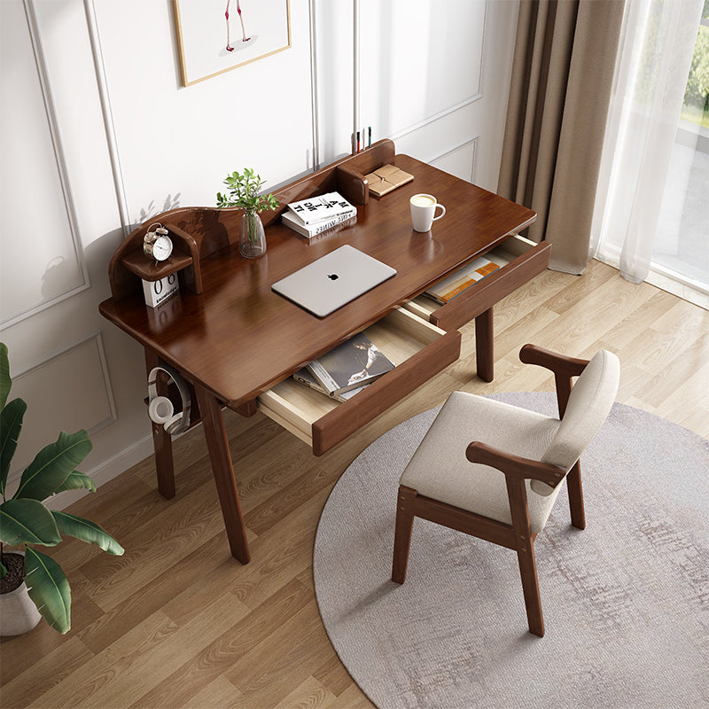 Solid Wood Writing Desk with Mini Shelf and Drawers - Walnut - US Writing Desk