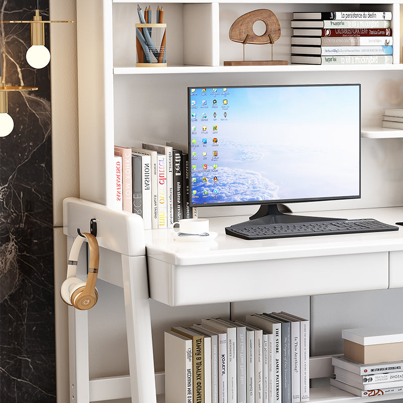 White Solid Wood Writing Desk with Shelf and Drawers - Rubberwood Home Office Desk - US Writing Desk