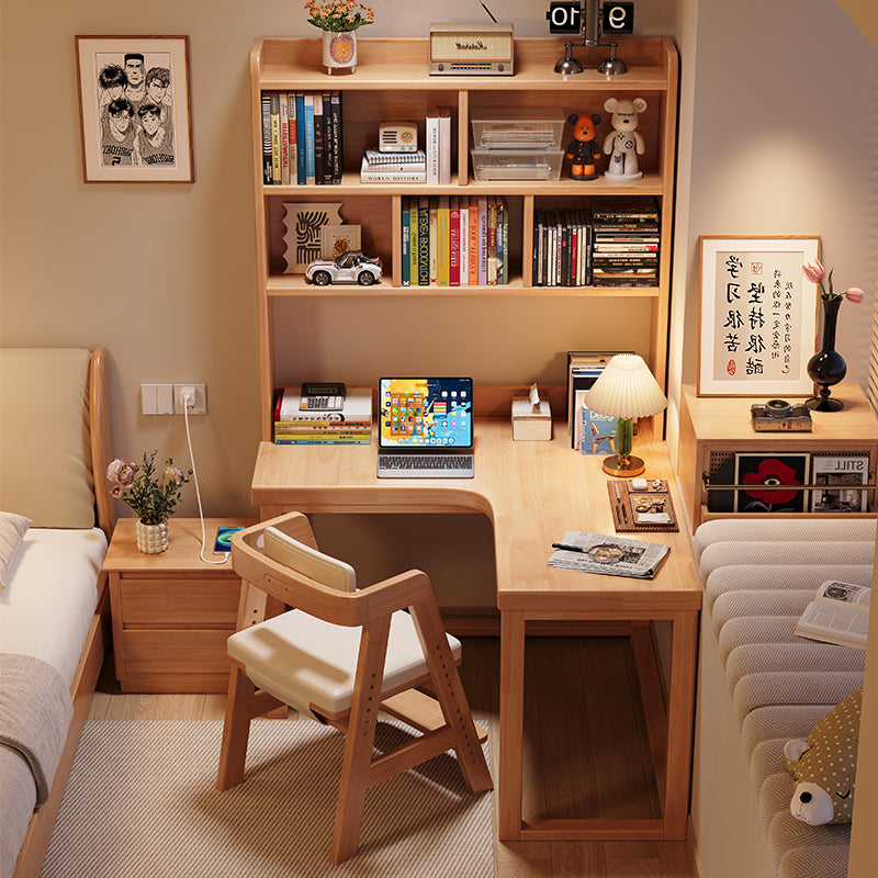 Grant — Corner Study Desk with Bookshelf, Solid Rubberwood (Natural/Walnut/White)