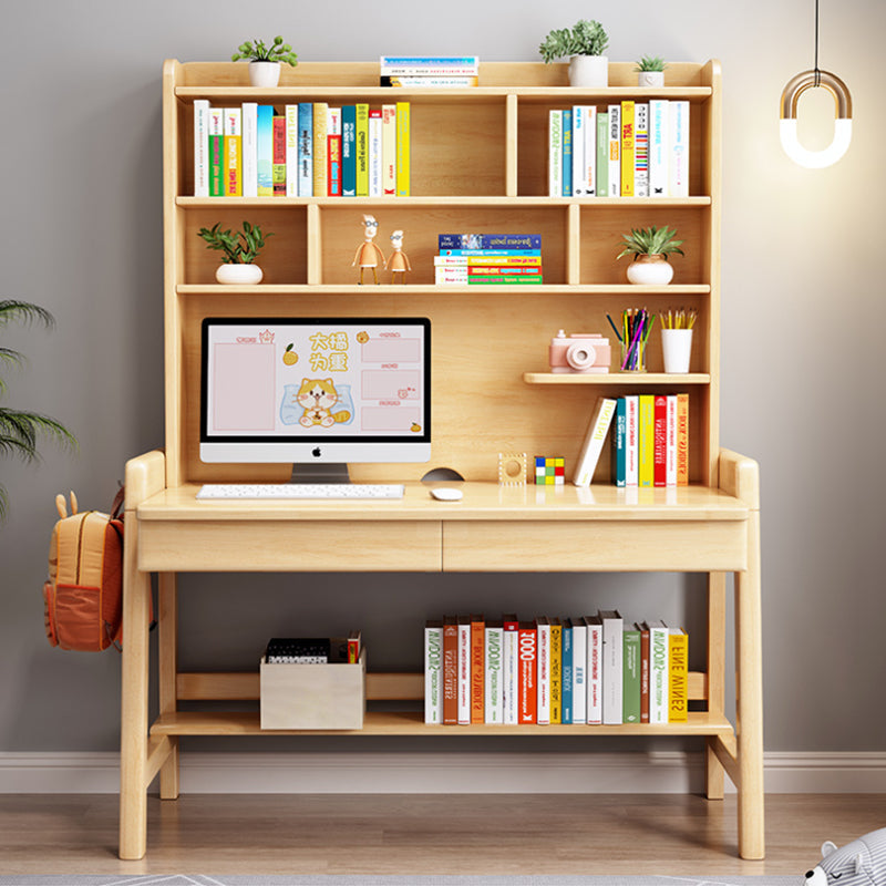 Natural  Solid Wood Writing Desk with Shelf and Drawers - Rubberwood Home Office Desk - US Writing Desk