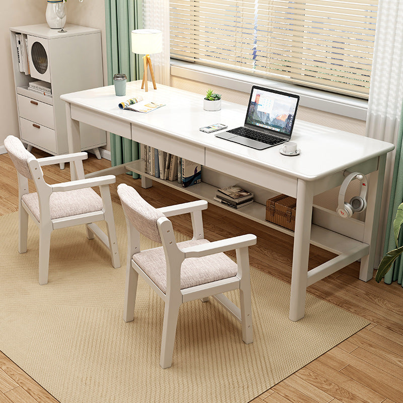 Finn — Solid Wood Writing Desk with Drawers & Bag Hanger (White Rubberwood)