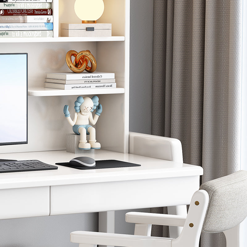 White Solid Wood Writing Desk with Shelf and Drawers - Rubberwood Home Office Desk - US Writing Desk
