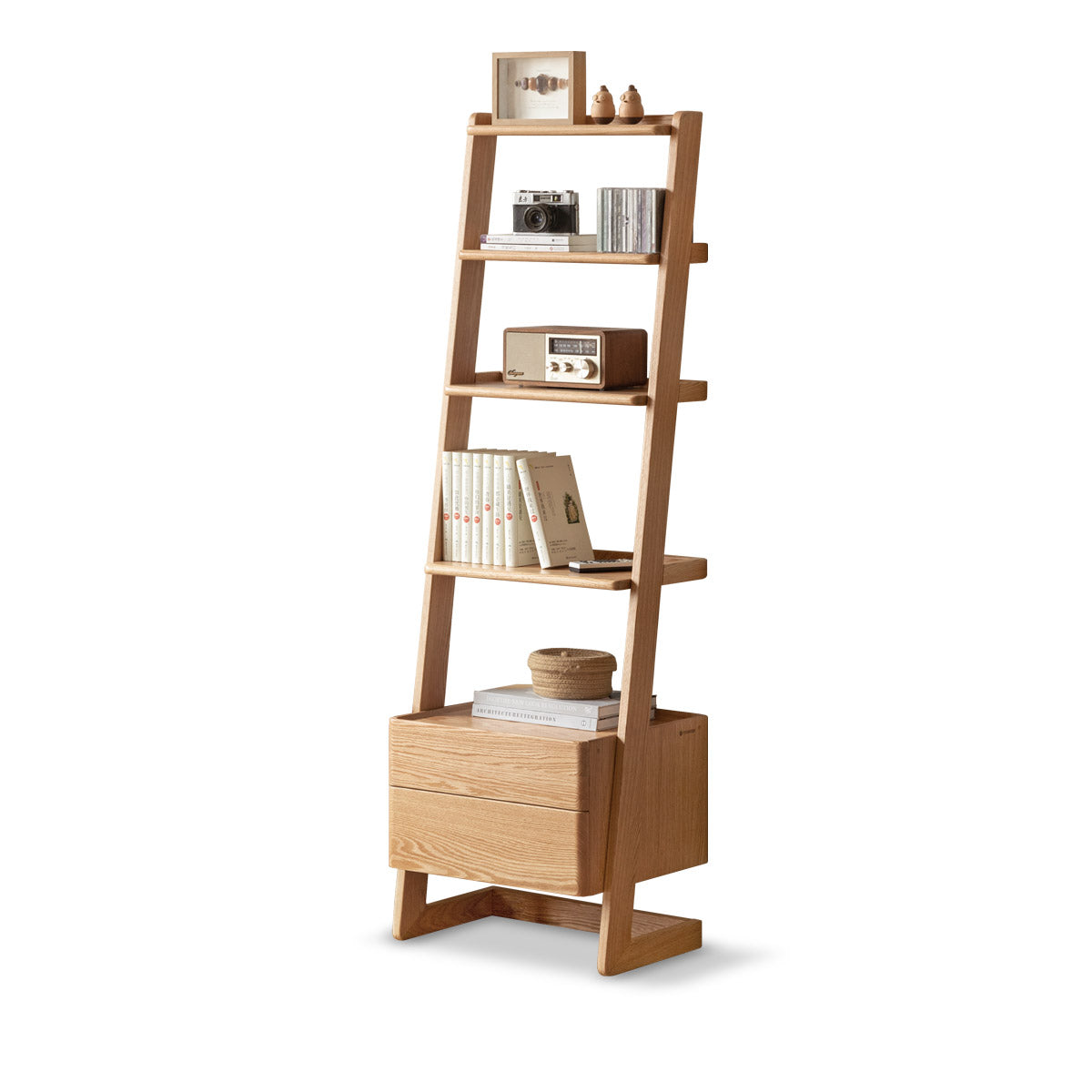 Saul — Tall Ladder Bookcase with Double Drawers & Open Shelves (Solid Oak Wood)