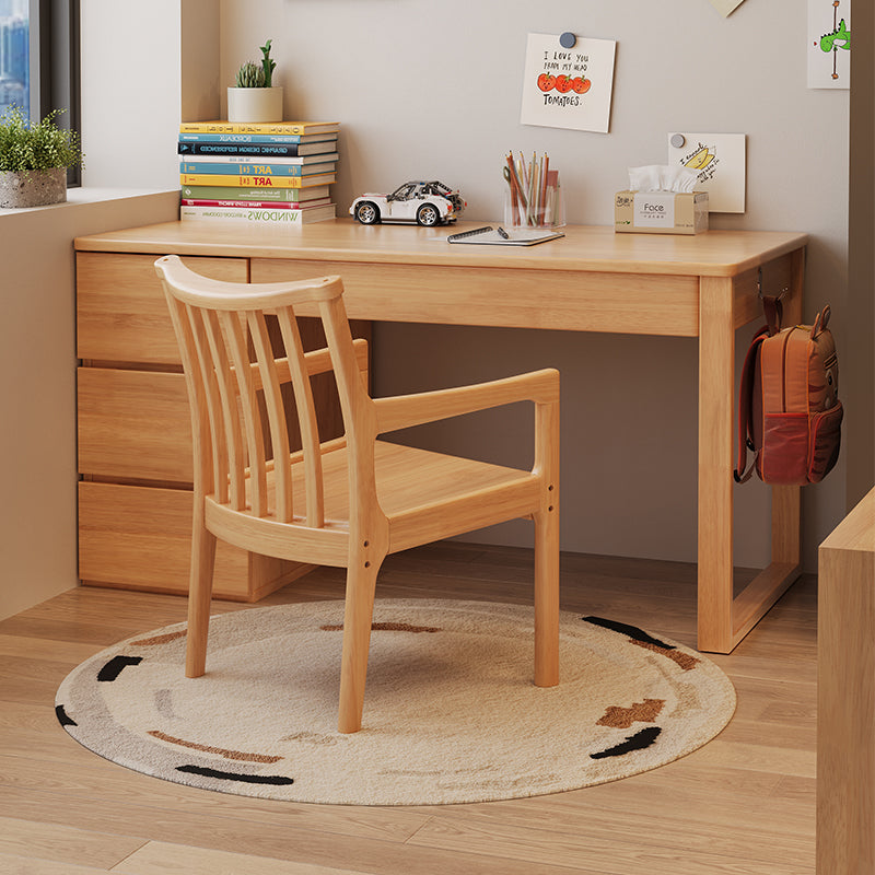 Levi — Solid Wood Writing Desk with 3-Drawer Side Cabinet (Natural Rubberwood)