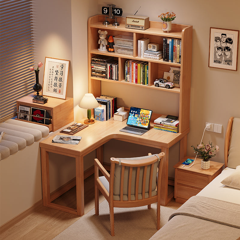 Grant — Corner Study Desk with Bookshelf, Solid Rubberwood (Natural/Walnut/White)