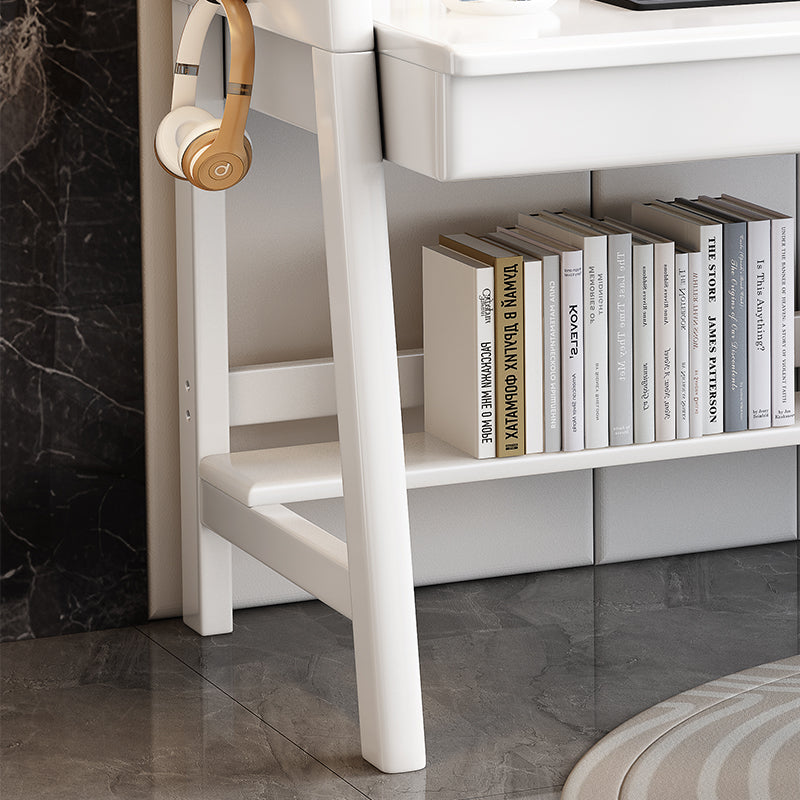 White Solid Wood Writing Desk with Shelf and Drawers - Rubberwood Home Office Desk - US Writing Desk