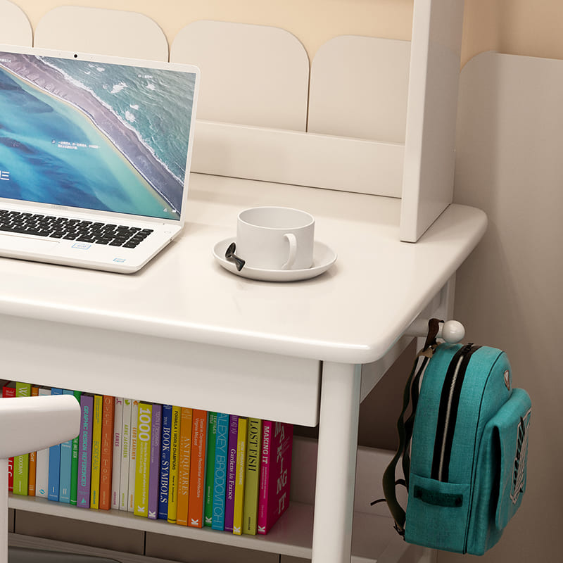 Pierce — Solid Wood Writing Desk with Shelves & Drawers (White Rubberwood)