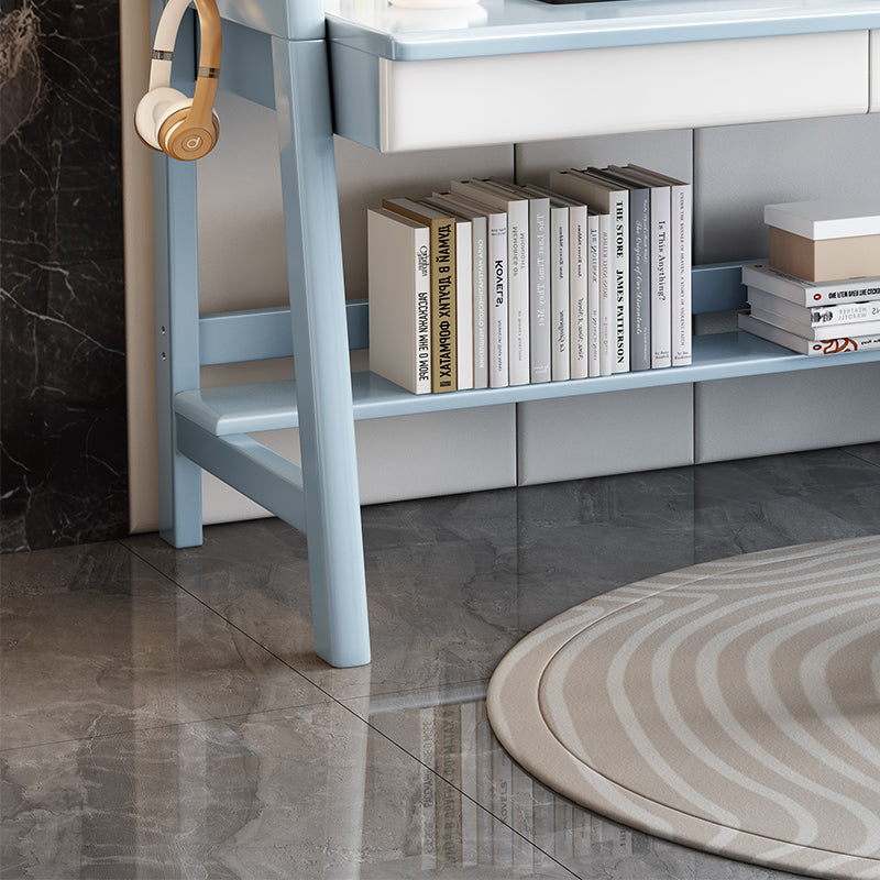 Blue Solid Wood Writing Desk with Shelf and Drawers - Rubberwood Home Office Desk - US Writing Desk