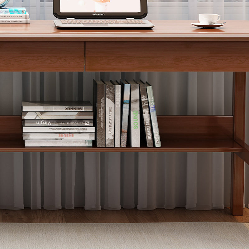 Walnut Solid Wood Writing Desk with Storage Drawers – Long Rubberwood Home Office Desk - US Writing Desk