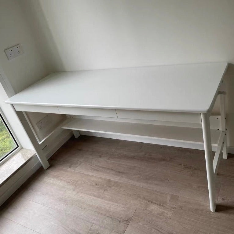 White Solid Wood Writing Desk with Storage Drawers – Long Rubberwood Home Office Desk - US Writing Desk