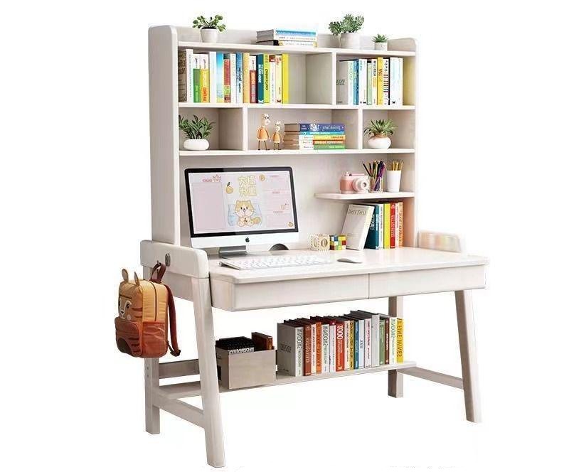 White Solid Wood Writing Desk with Shelf and Drawers - Rubberwood Home Office Desk - US Writing Desk