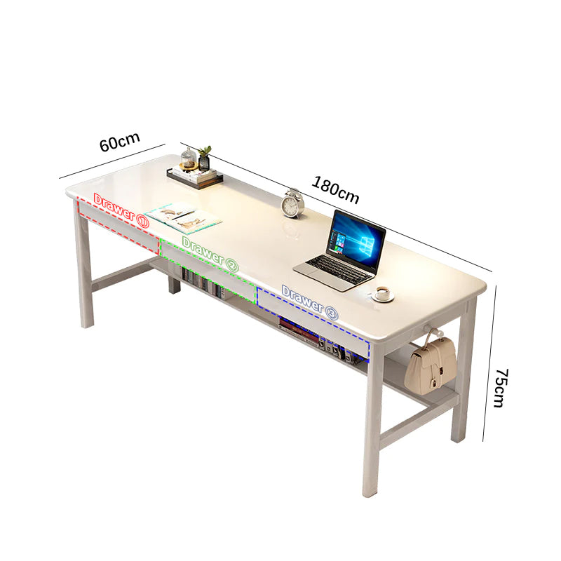 Finn — Solid Wood Writing Desk with Drawers & Bag Hanger (White Rubberwood)