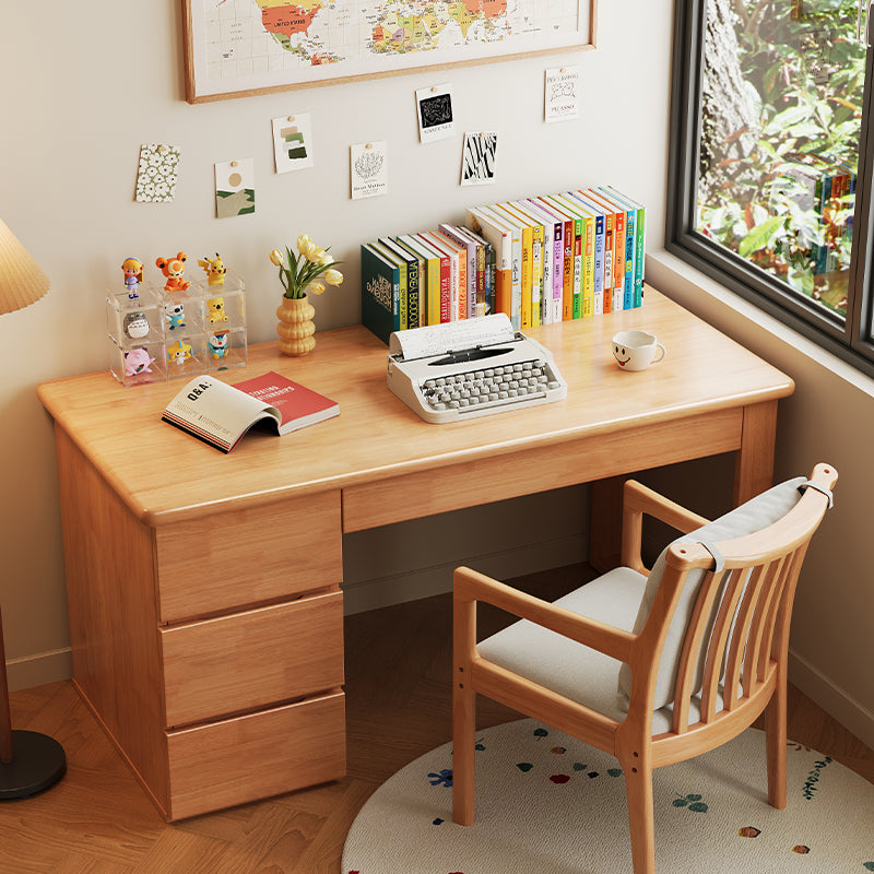Levi — Solid Wood Writing Desk with 3-Drawer Side Cabinet (Natural Rubberwood)