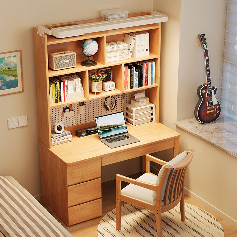 Adler — Solid Wood Study Desk with Bookshelf, Drawers & LED Light (Rubberwood)