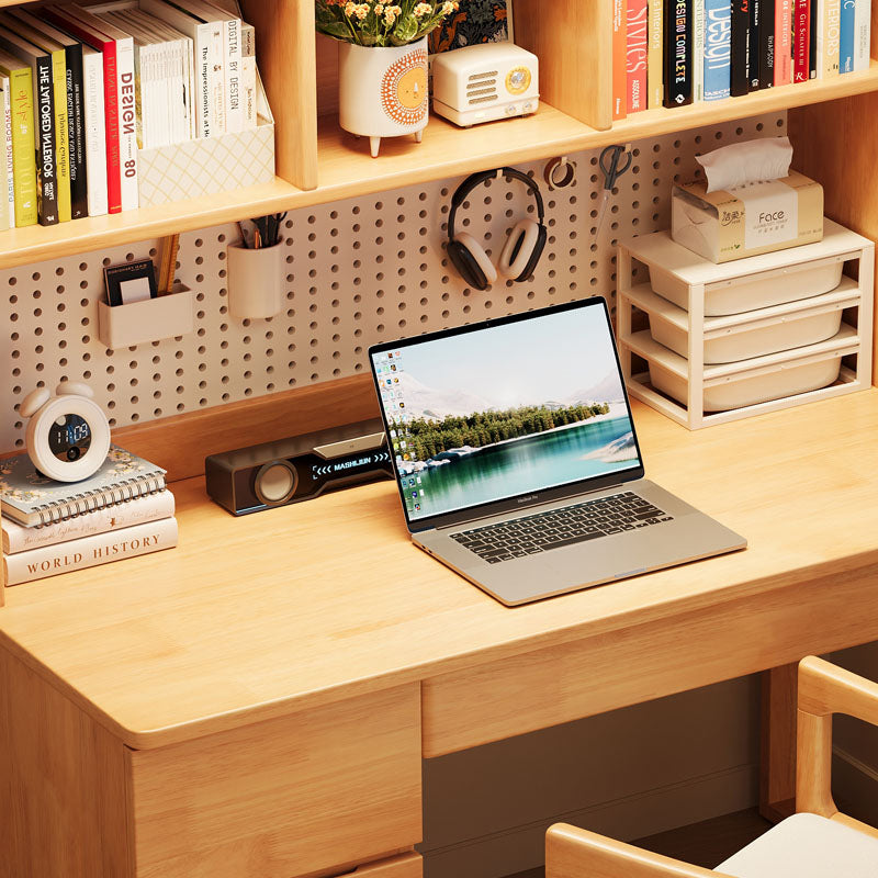 Adler — Solid Wood Study Desk with Bookshelf, Drawers & LED Light (Rubberwood)