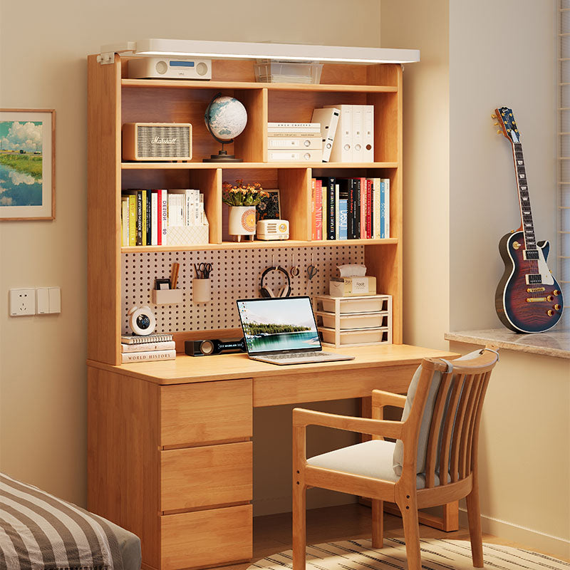 Adler — Solid Wood Study Desk with Bookshelf, Drawers & LED Light (Rubberwood)