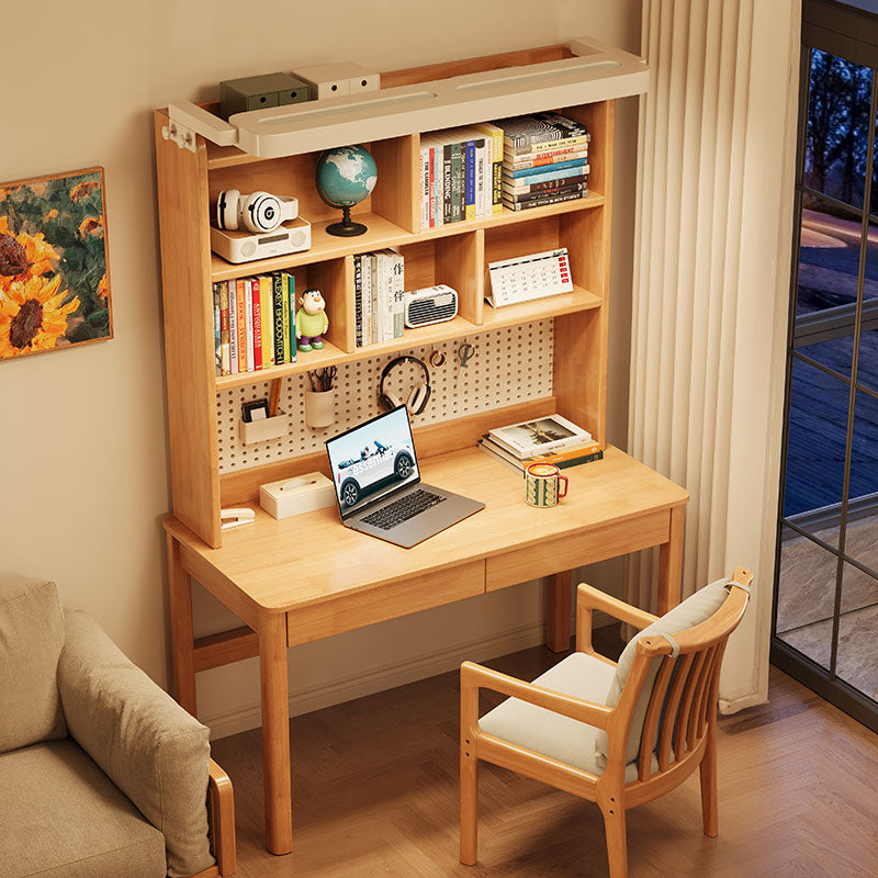 Dean — Solid Wood Study Desk with LED Light, Bookshelf & Drawers (Rubberwood, 120cm)