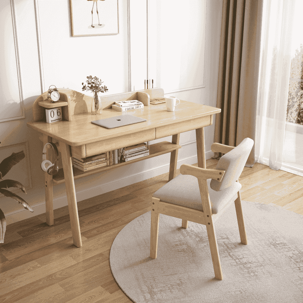 Solid Wood Writing Desk with Mini Shelf and Drawers - Natural - US Writing Desk