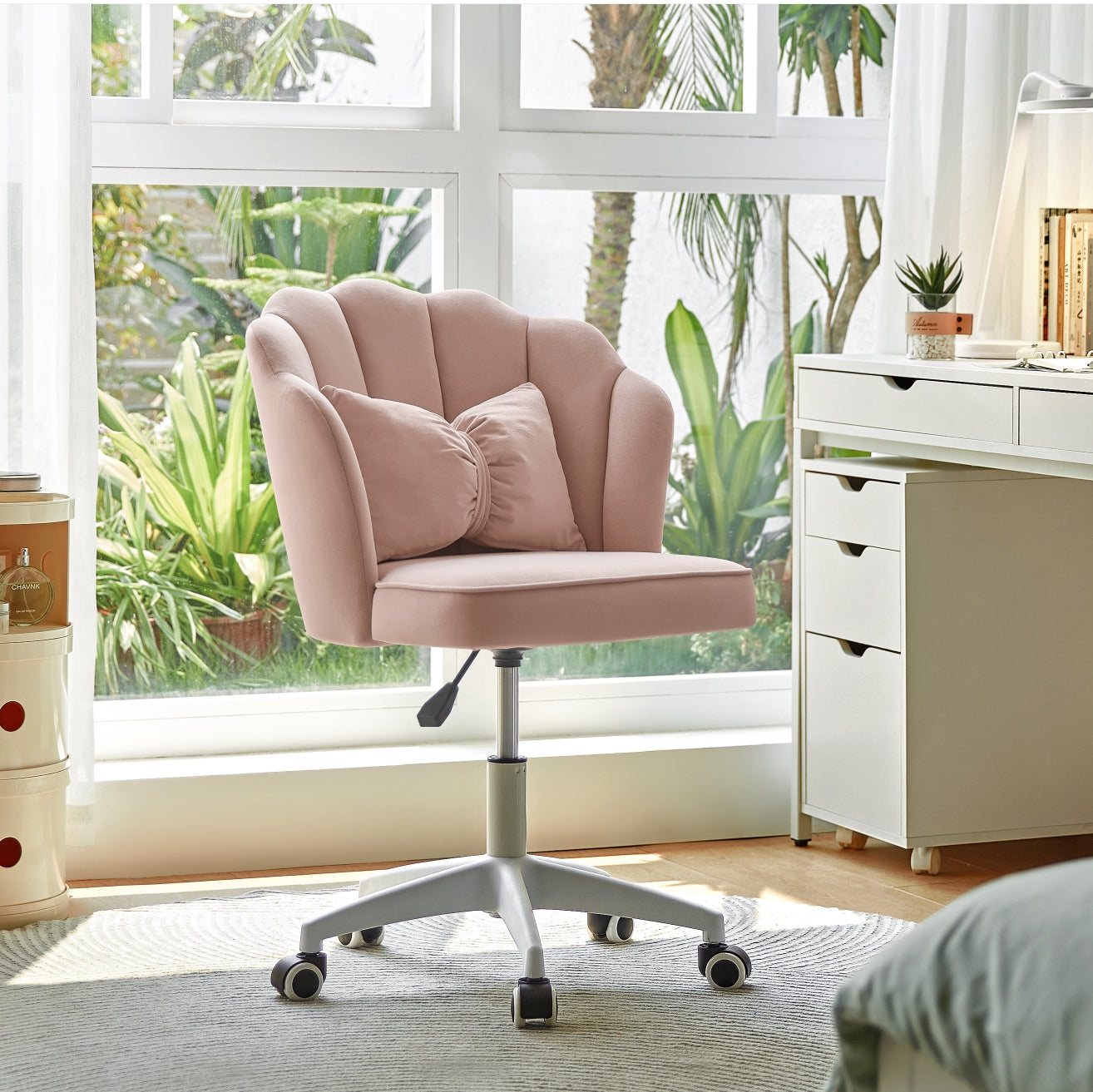 Pink Velvet Adjustable Height Swivel Office Chair with Wheels - US Writing Desk
