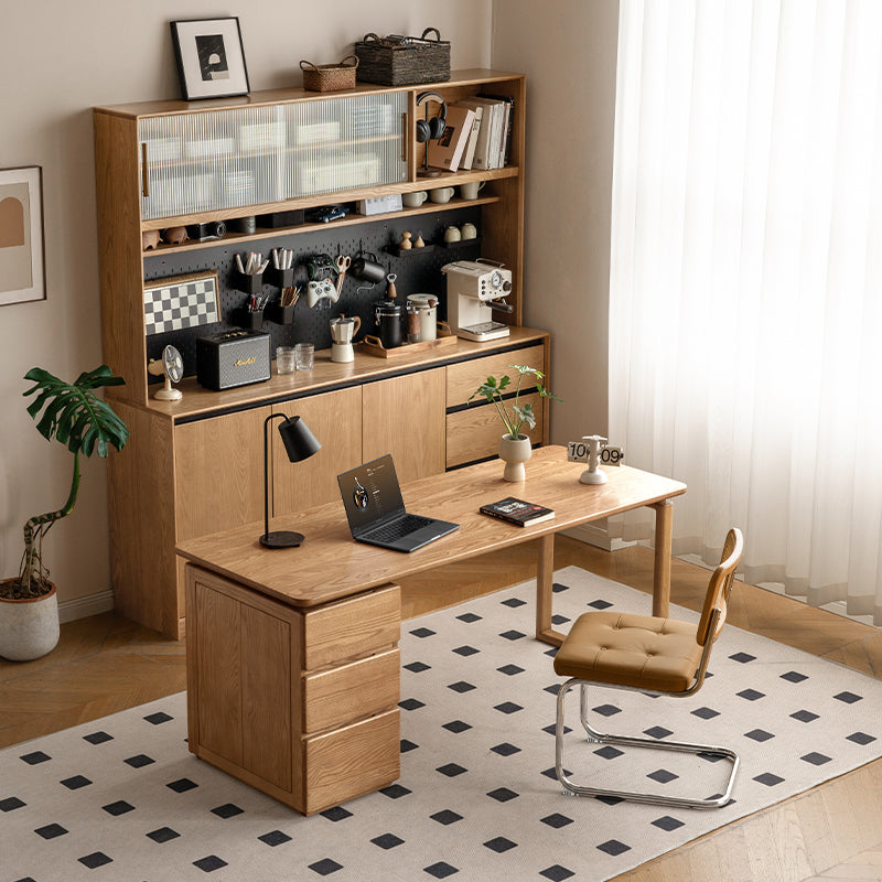 Caleb — Solid Ash Wood Writing Desk with Movable Side Cabinet (Natural / Walnut)