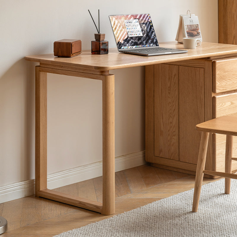 Nash — Solid Oak Writing Desk with Drawer Cabinet & Hidden Handle (Natural/Walnut)