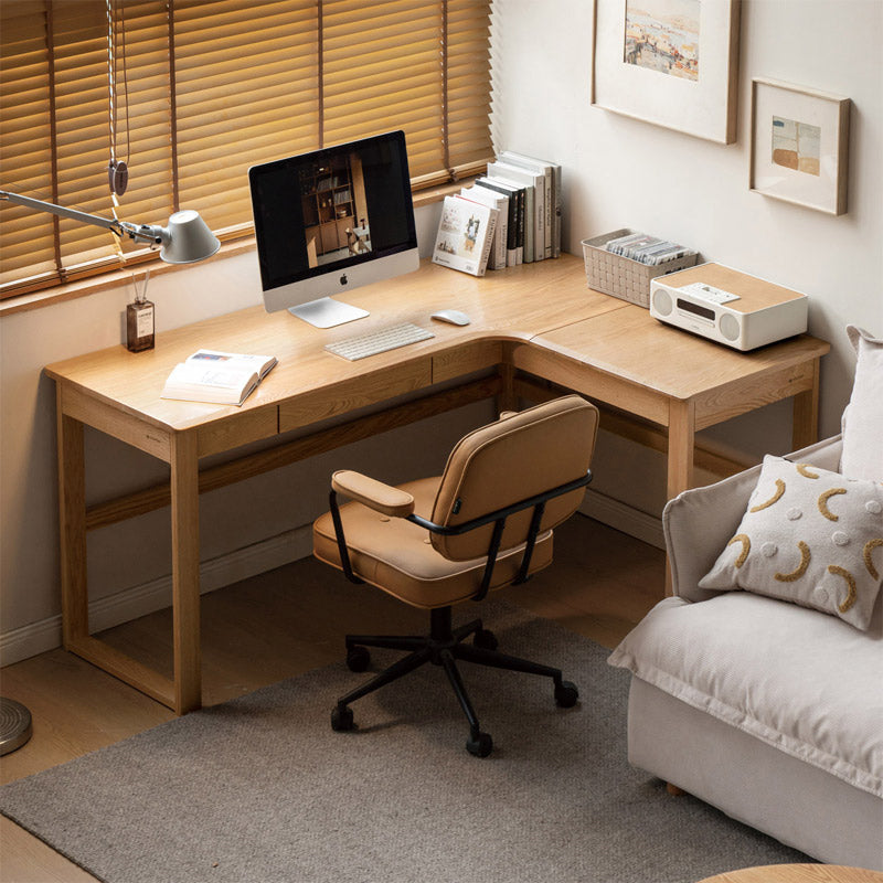 Wells — Corner Writing Desk with Storage Drawer & Solid Wood Top (Natural / Walnut)